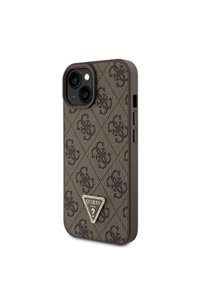 Guess iPhone 15 Uyumlu Kılıf Guess Lisanslı PU Deri Taşlı Üçgen Logo 4G Desenli Strass Kahverengi