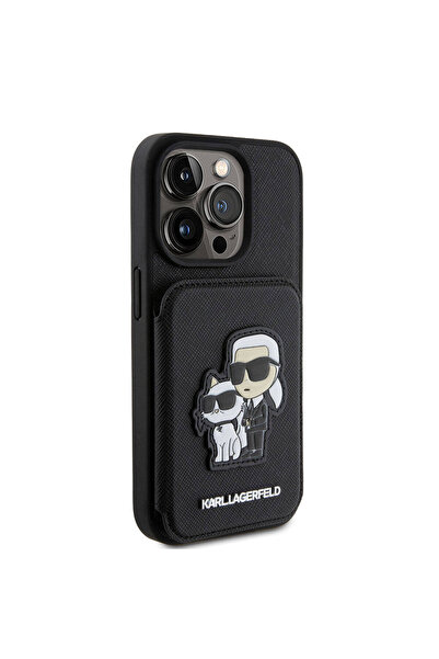 Karl Lagerfeld iPhone 15 Pro Max Case Karl Lagerfeld with Stand Card Holder Saffiano K&C Metal Logo License Black