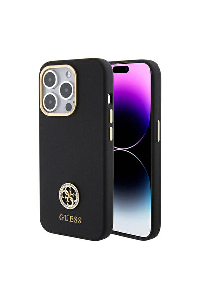 Guess iPhone 15 Pro Max Kılıf Uyumlu Lisans Yazı ve Taşlı 4G Logolu Kamera Çerçeveli Silikon Siyah