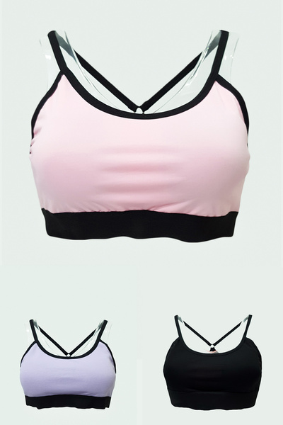 Ebsumu Bras sport pentru damă, pachet de 3 liliac-pudra-negru