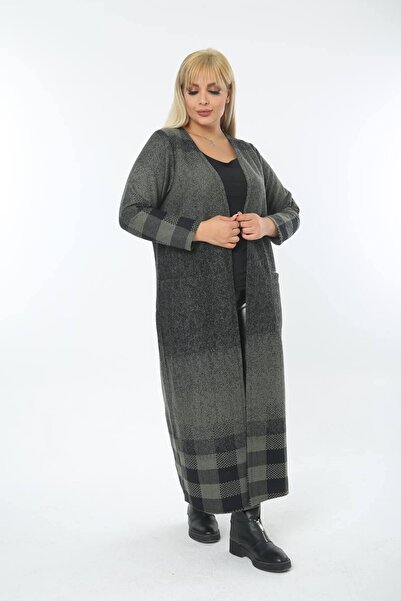 Mia Butik Plus Size Khaki Black Square Patterned Long Cardigan