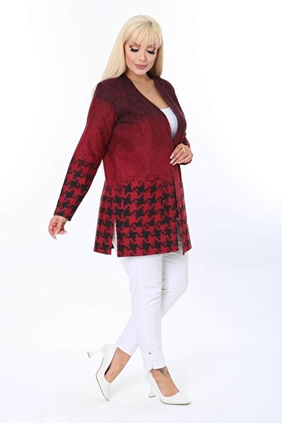 Mia Butik Plus Size Red Black Patterned Cardigan