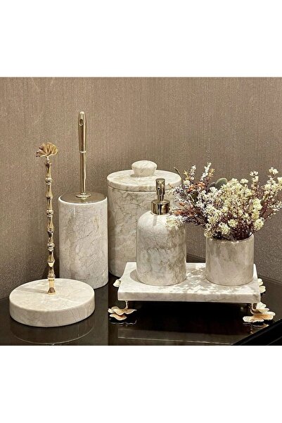 SARITAŞ DEKORATİF BEJ MERMER GINKO AKSESUAR DETAYLI 6 Li BANYO SETİ TAKIMI