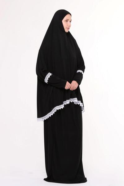 Altobeh Women's Two Piece Lycra Sandy Fabric Lace Sleeve Prayer Dress-black