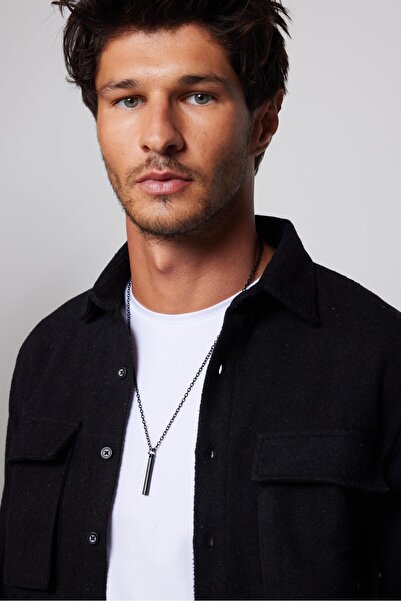 Tudors Slim Fit Uzun Kollu Dar Kesim Kapaklı Çift Cep Düz Kışlık Oduncu Siyah Erkek Gömlek