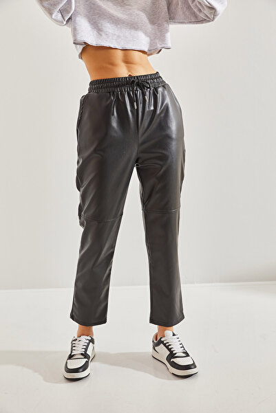 Bianco Lucci Women's Elastic Waist Leather Trousers