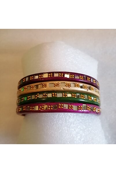 Butik Tülin Kadın otantik el yapımı seramik çok renk kombin altın boncuk kesme aynalı 4'lü set bilezik Hint Malı