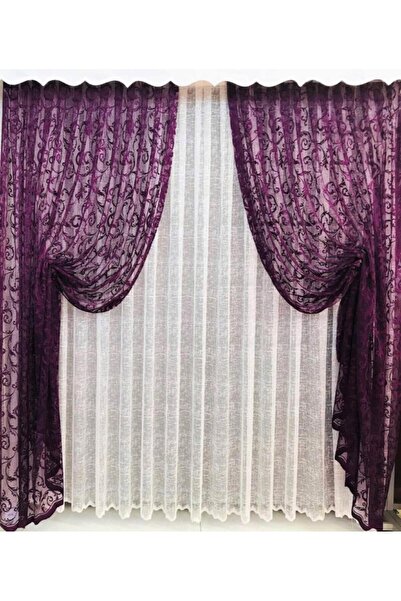 CEYLANLAR Κουρτίνα φόντου από τούλι σε χρώμα δαμασκηνί - Διπλή με κορδόνι περ...