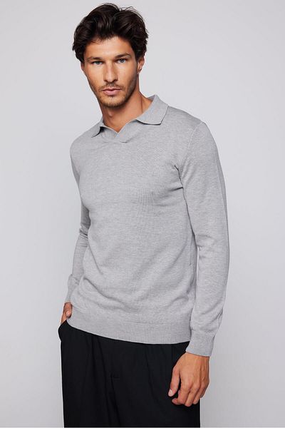 Tudors Men's Slim Fit Narrow Cut Polo V-Neck Gray Sweater
