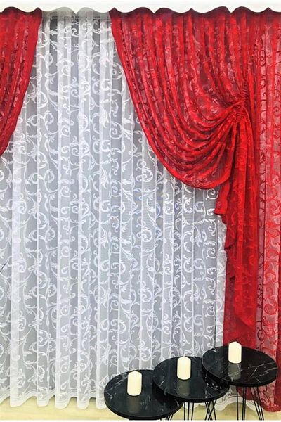 CEYLANLAR Red Ivy Tulle Background Curtain - Two Wings with Drawstring