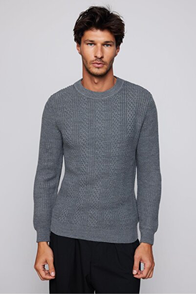 Tudors Men's Slim Fit Crew Neck Patterned Gray Sweater