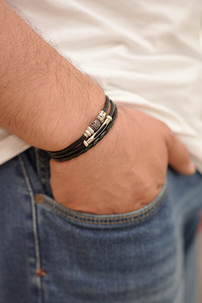 etniko Erkek Etnik Desen Gümüş Renk Boncuklu Özel Tasarım Hakiki Deri Bileklik