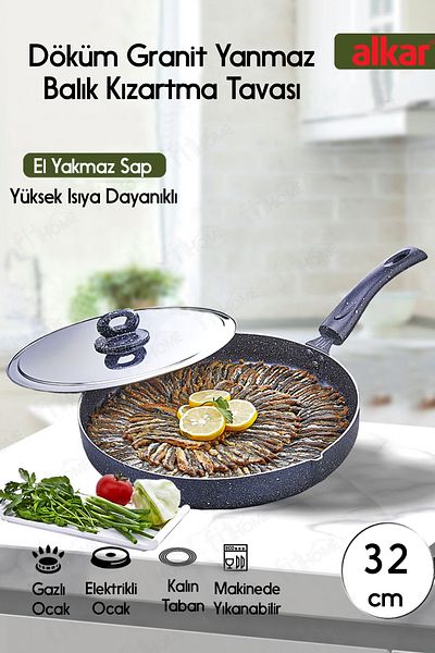 FİTHOME 32 CM Granite Casting Fireproof Non-Stick Fish Frying Pan