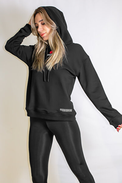 ARESMODA Kadın Siyah Angels Yazılı Regular Comfort Kapüşonlu Sweatshirt