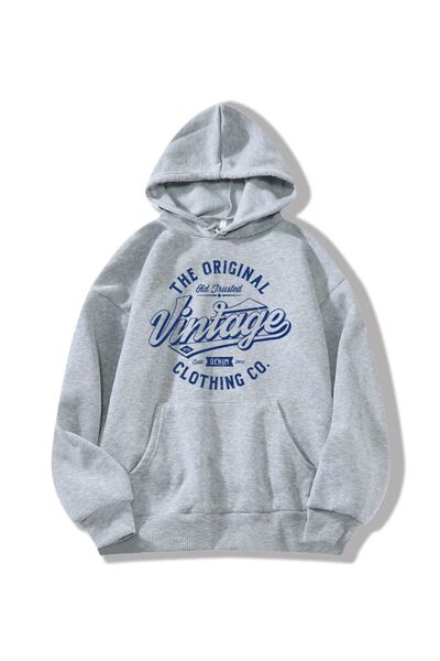 Revasser Unisex Bordo Kapüşonlu Vintage Baskılı Kapüşonlu Sweatshirt