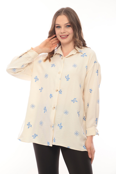 ZARİFSTORE Geniş Kesim Nakışlı Keten Karışımlı Gömlek