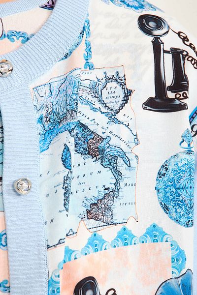 Solo Women's Blue Printed Long Sleeve Knitwear Cardigan