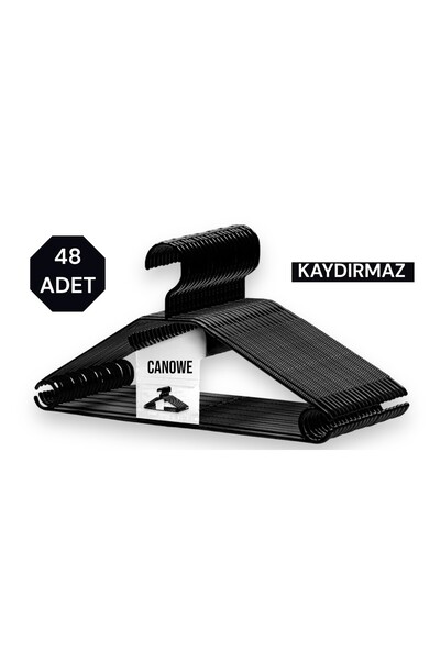 Canowe Plastik Elbise Askısı Siyah 48 Adet Kaymaz Askı