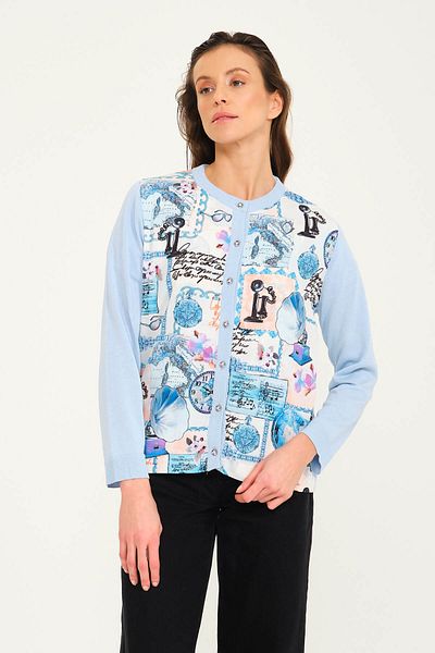 Solo Women's Blue Printed Long Sleeve Knitwear Cardigan