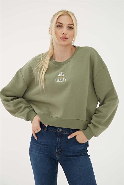 Fashion Friends Nakışlı Crop Sweat Haki