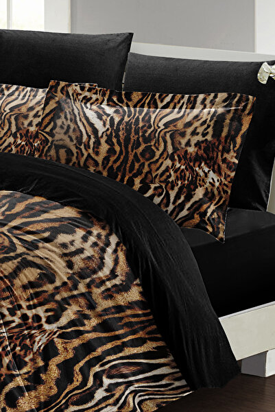 MonoHome 100% Cotton Satin Double Duvet Cover Set with Fitted Sheets Zebra Brown