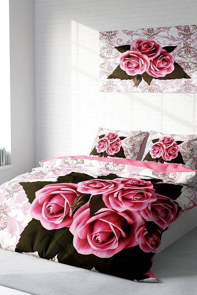 MonoHome 100% Cotton Satin Double Duvet Cover Set with Elastic Sheets Rose-1008