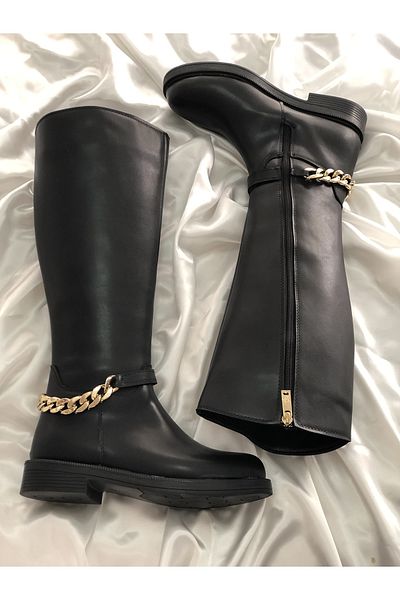Hg Ayakkabı Черни кожени зимни ботуши с цип и верижка VANESSA