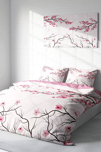 MonoHome 100% Cotton Satin Double Duvet Cover Set Cherry Blossom with Fitted Sheets