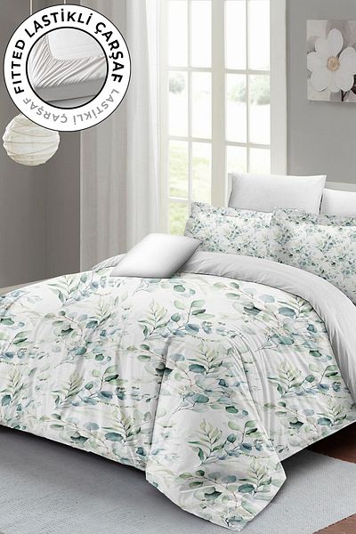 MonoHome 100% Cotton Satin Double Duvet Cover Set with Fitted Sheets Organic Natura Luxury