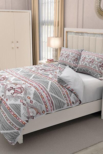 MonoHome Lastikli Çarşaflı %100 Pamuk Saten Çift Kişilik Nevresim Takımı 3d Filli Desen
