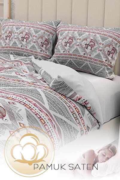 MonoHome Lastikli Çarşaflı %100 Pamuk Saten Çift Kişilik Nevresim Takımı 3d Filli Desen