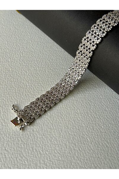JEICON ATELIER Silver Renk Zirkon Oval Taş Işlemeli Kalın Örgü Premium Bileklik