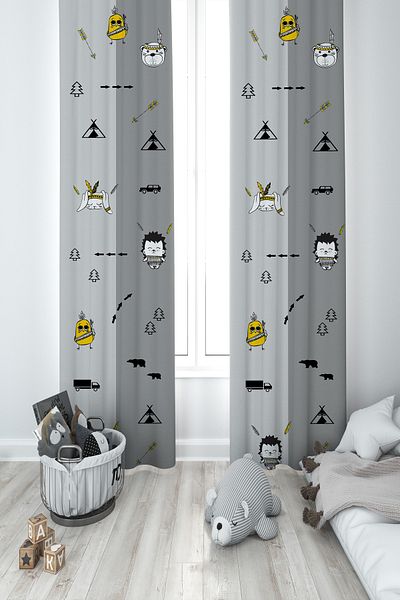 MASAL ODAM BABY AND KIDS ROOM Road and Small Figure Patterned 2 Wing Background Curtain
