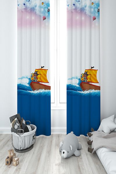 MASAL ODAM BABY AND KIDS ROOM Pirate Sailor Patterned 2 Wing Background Curtain with Balloons