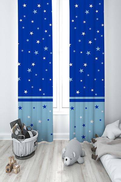 MASAL ODAM BABY AND KIDS ROOM Blue Navy Blue Star Patterned 2 Wing Background Curtain