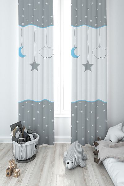 MASAL ODAM BABY AND CHILDREN'S ROOM Star and Moon Patterned Framed 2 Wing Background Curtain