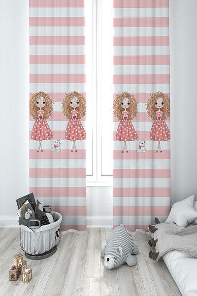 MASAL ODAM BABY AND KIDS ROOM Twin Girl Patterned Striped 2 Wing Background Curtain