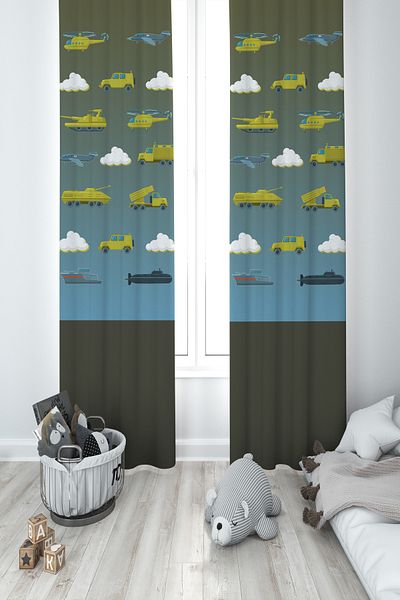 MASAL ODAM BABY AND KIDS ROOM Military Vehicle and Hopscotch Patterned 2 Wing Background Curtain