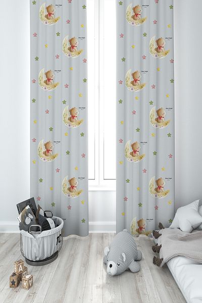 MASAL ODAM BABY AND KIDS ROOM Moon and Bear Patterned 2 Wing Background Curtain