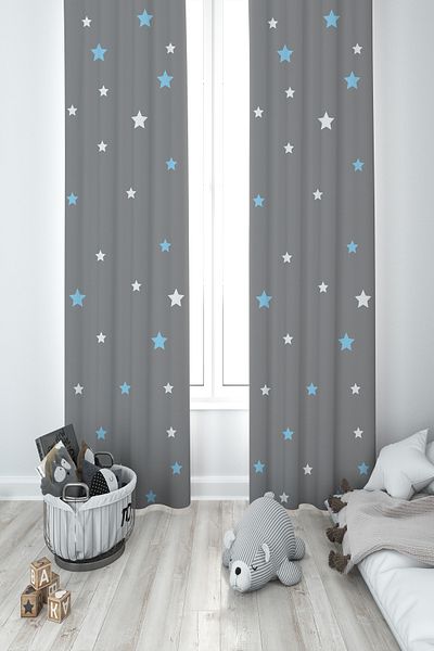 MASAL ODAM BABY AND KIDS ROOM Blue and White Star Patterned Framed 2 Wing Background Curtain