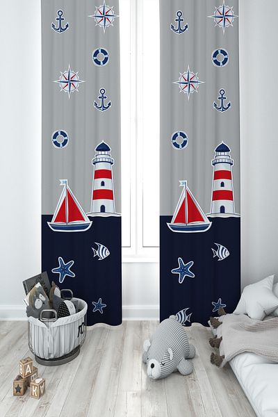 MASAL ODAM BABY AND KIDS ROOM Sailor Patterned Navy Blue Gray 2 Wing Background Curtain