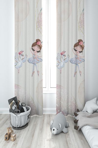 MASAL ODAM BABY AND KIDS ROOM Swan and Ballerina Patterned 2 Wing Background Curtain