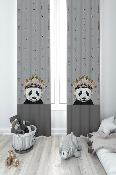 MASAL ODAM BABY AND KIDS ROOM Native American Panda Patterned 2 Wing Background Curtain