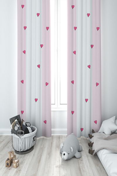MASAL ODAM BABY AND KIDS ROOM Pink Heart Patterned 2 Wing Background Curtain