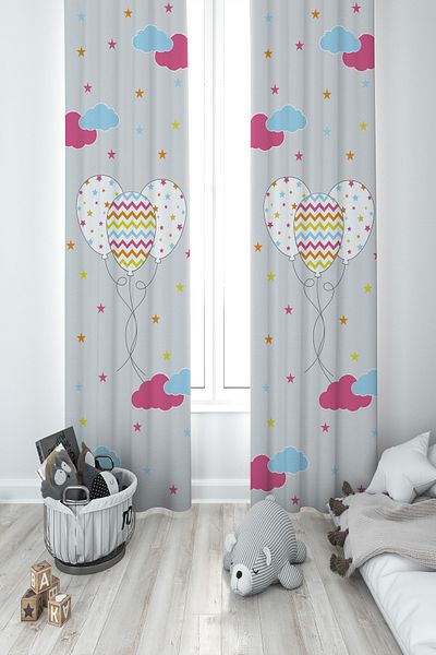 MASAL ODAM BABY AND KIDS ROOM Colorful Cloudy and Balloon Patterned 2 Wing Background Curtain