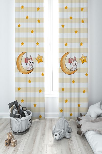 MASAL ODAM BABY AND KIDS ROOM 2-Wing Background Curtain with Rabbit and Star Pattern Sitting on the Moon