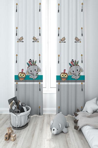 MASAL ODAM BABY AND KIDS ROOM 2 Wings Background Curtain with Native American Elephant and Hopscotch Pattern