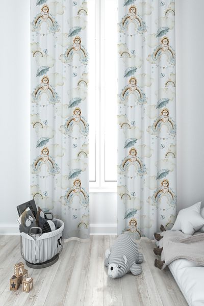 MASAL ODAM BABY AND KIDS ROOM Soft Rainbow Rabbit Patterned 2 Wing Background Curtain