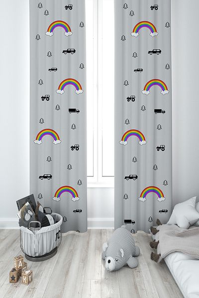MASAL ODAM Baby and Children's Room Road and Hopscotch Patterned 2 Wing Background Curtain