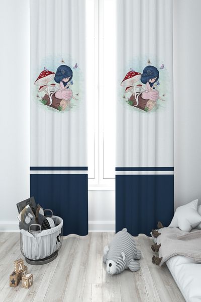 MASAL ODAM BABY AND KIDS ROOM Mushroom and Princess Girl Patterned 2 Wing Background Curtain